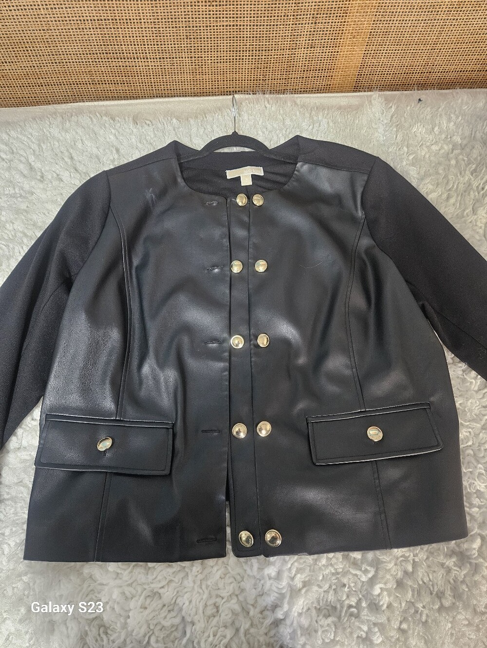 Michael Kors Black Faux Leather & Knit Sleeve Military-Style Jacket